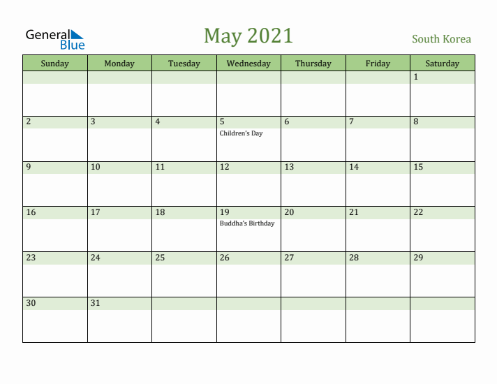May 2021 Calendar with South Korea Holidays