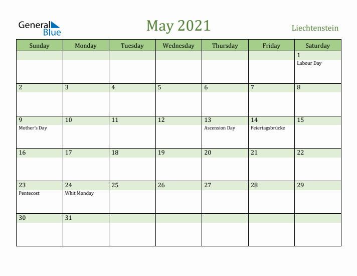 May 2021 Calendar with Liechtenstein Holidays