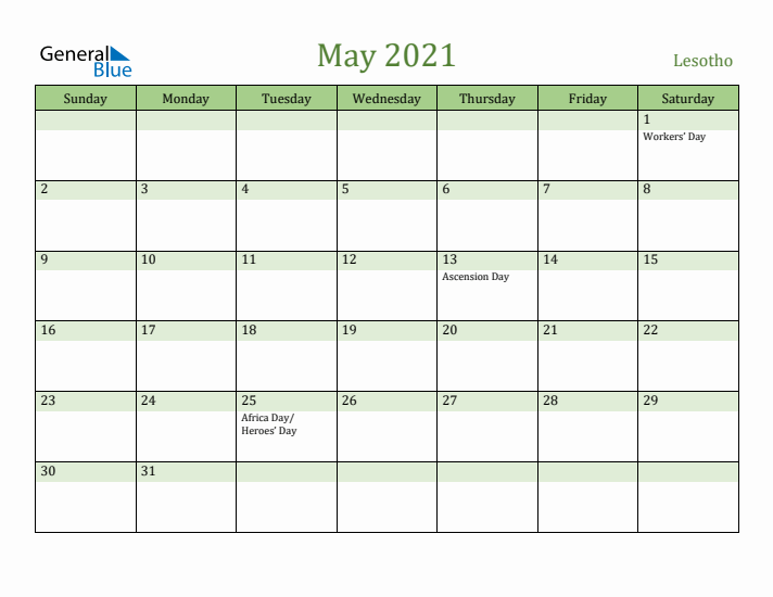 May 2021 Calendar with Lesotho Holidays