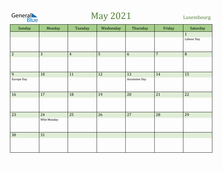 May 2021 Calendar with Luxembourg Holidays