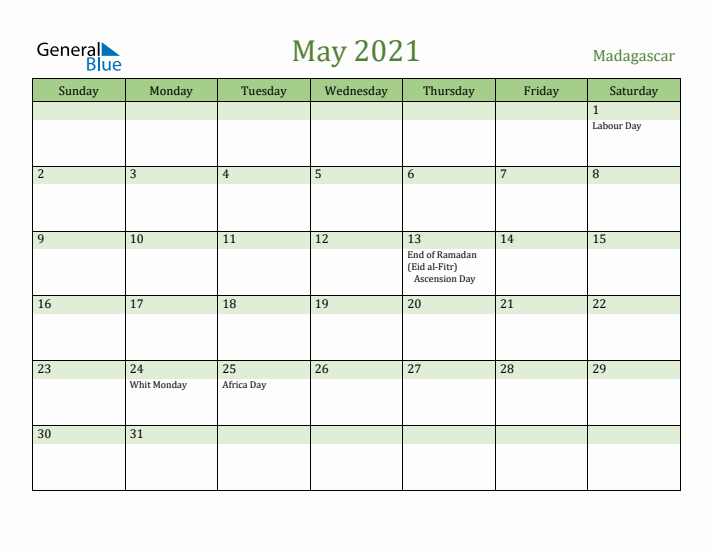 May 2021 Calendar with Madagascar Holidays