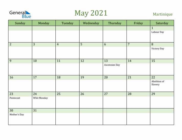 May 2021 Calendar with Martinique Holidays