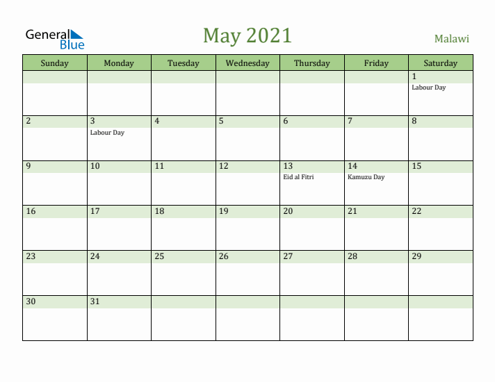 May 2021 Calendar with Malawi Holidays
