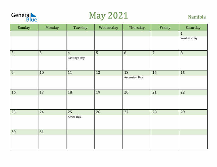May 2021 Calendar with Namibia Holidays