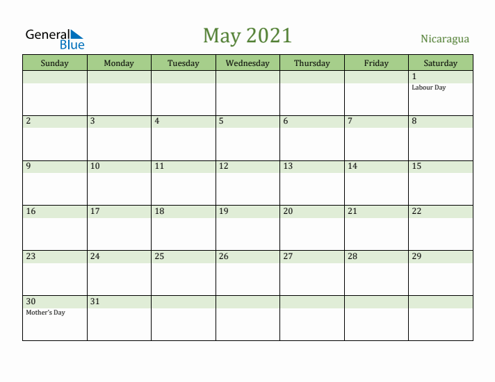 May 2021 Calendar with Nicaragua Holidays