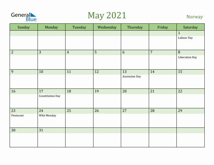 May 2021 Calendar with Norway Holidays