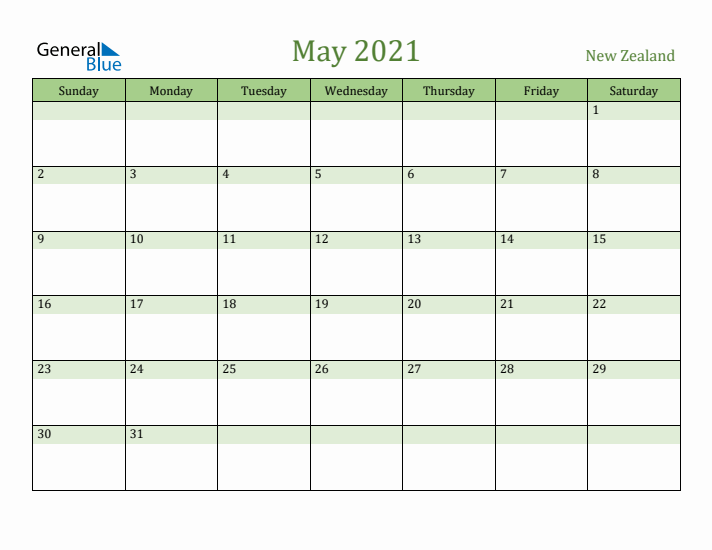 May 2021 Calendar with New Zealand Holidays
