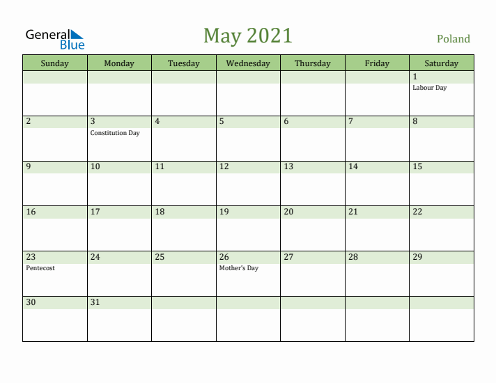 May 2021 Calendar with Poland Holidays