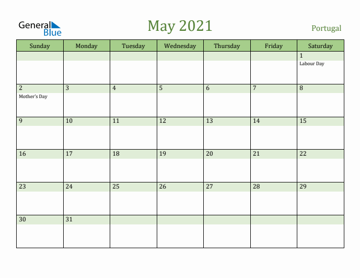 May 2021 Calendar with Portugal Holidays