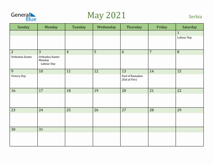 May 2021 Calendar with Serbia Holidays