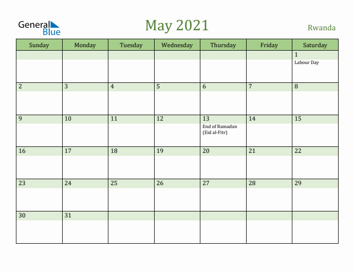 May 2021 Calendar with Rwanda Holidays