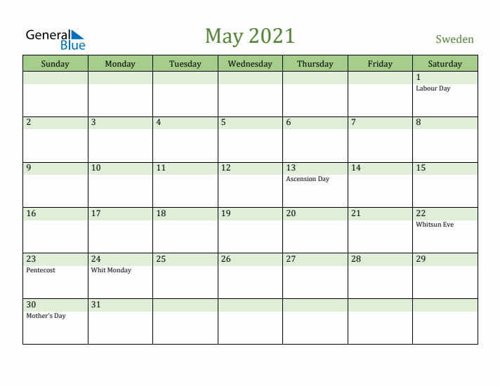May 2021 Calendar with Sweden Holidays