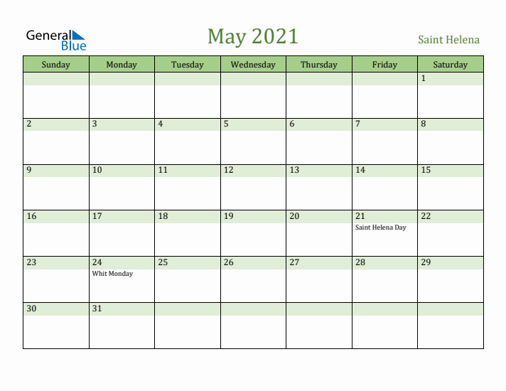 May 2021 Calendar with Saint Helena Holidays