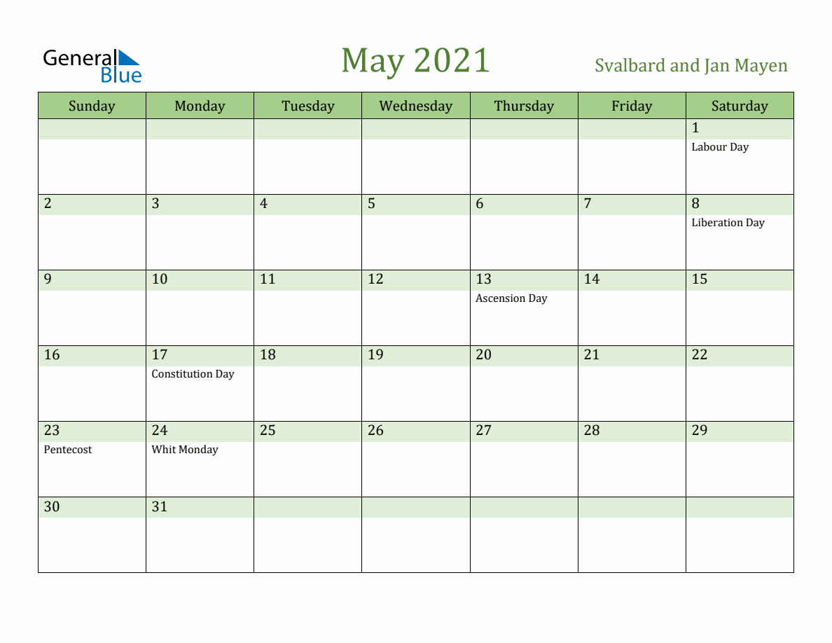 Fillable Holiday Calendar For Svalbard And Jan Mayen May 2021