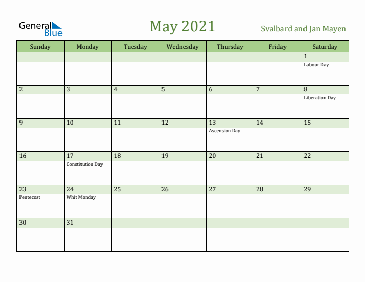 May 2021 Calendar with Svalbard and Jan Mayen Holidays