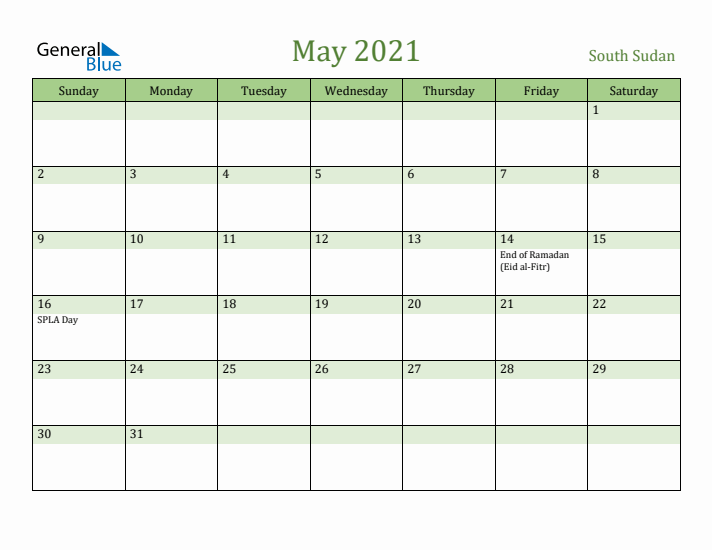 May 2021 Calendar with South Sudan Holidays