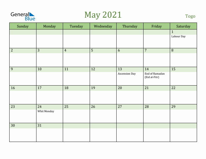 May 2021 Calendar with Togo Holidays
