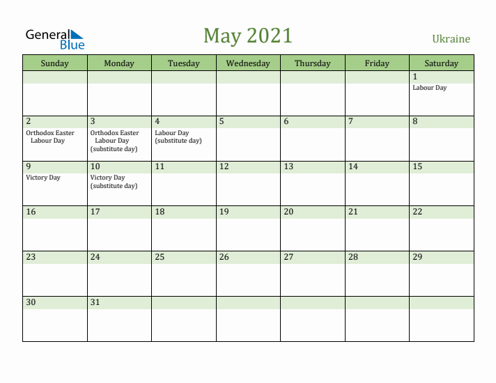 May 2021 Calendar with Ukraine Holidays