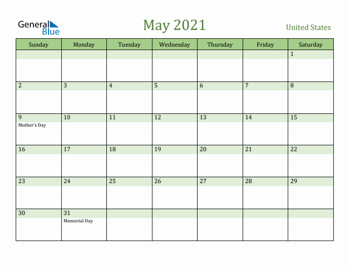 May 2021 Calendar with United States Holidays