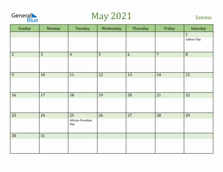 May 2021 Calendar with Zambia Holidays