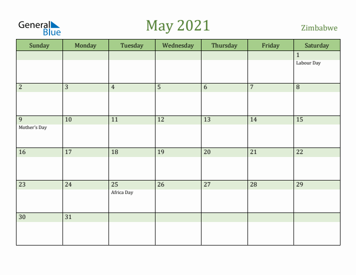 May 2021 Calendar with Zimbabwe Holidays