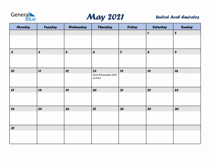 May 2021 Calendar with Holidays in United Arab Emirates