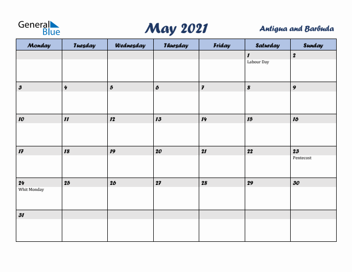 May 2021 Calendar with Holidays in Antigua and Barbuda