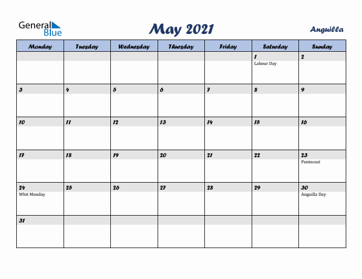 May 2021 Calendar with Holidays in Anguilla