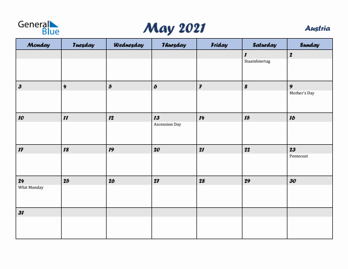 May 2021 Calendar with Holidays in Austria