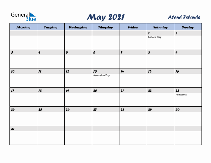 May 2021 Calendar with Holidays in Aland Islands
