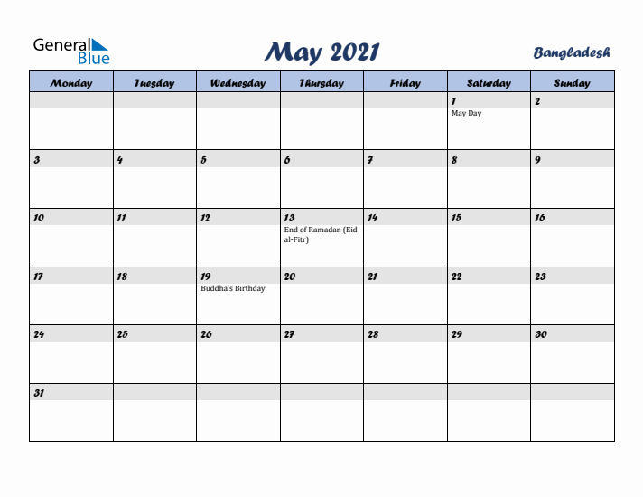 May 2021 Calendar with Holidays in Bangladesh