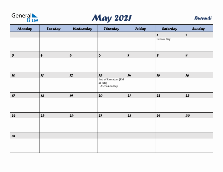 May 2021 Calendar with Holidays in Burundi