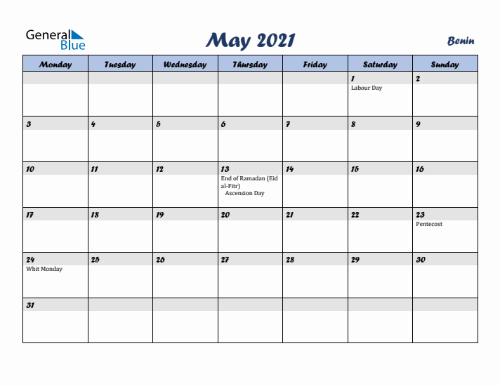 May 2021 Calendar with Holidays in Benin