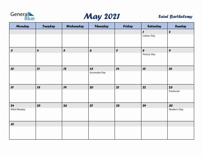 May 2021 Calendar with Holidays in Saint Barthelemy