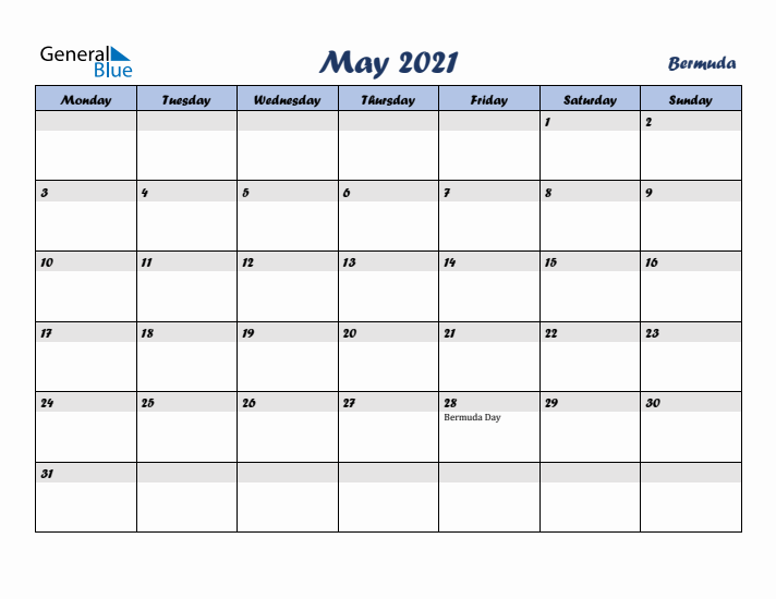 May 2021 Calendar with Holidays in Bermuda