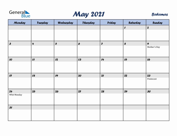 May 2021 Calendar with Holidays in Bahamas