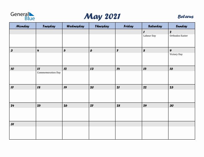 May 2021 Calendar with Holidays in Belarus