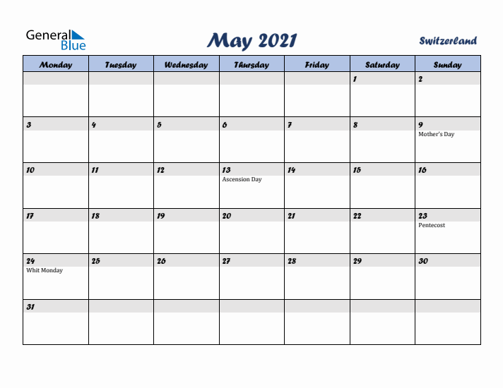 May 2021 Calendar with Holidays in Switzerland
