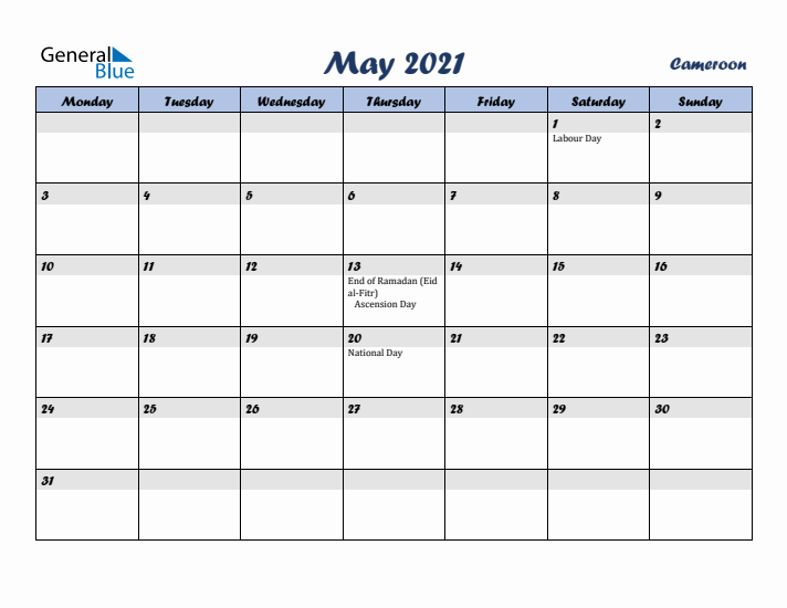 May 2021 Calendar with Holidays in Cameroon