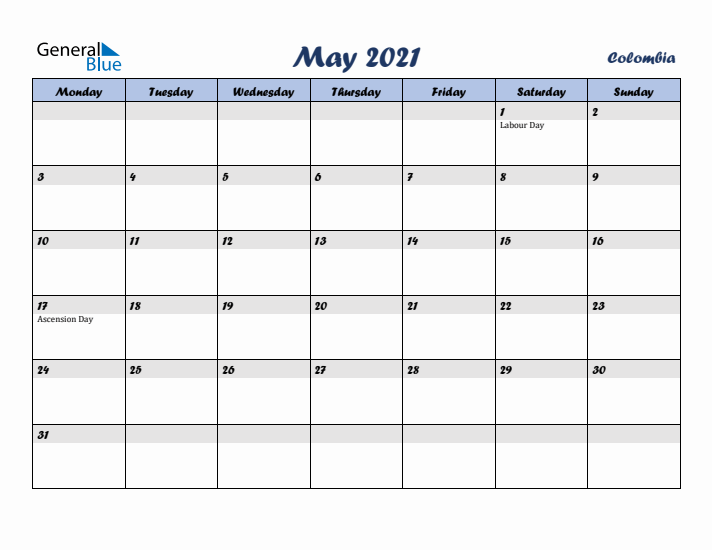 May 2021 Calendar with Holidays in Colombia