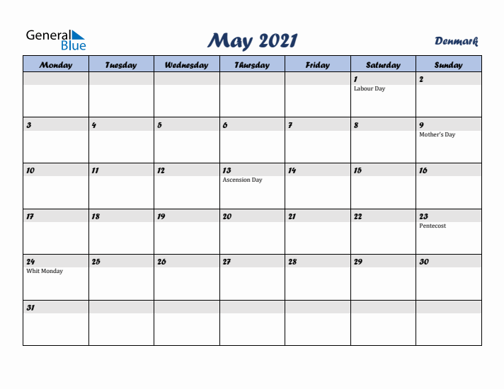 May 2021 Calendar with Holidays in Denmark