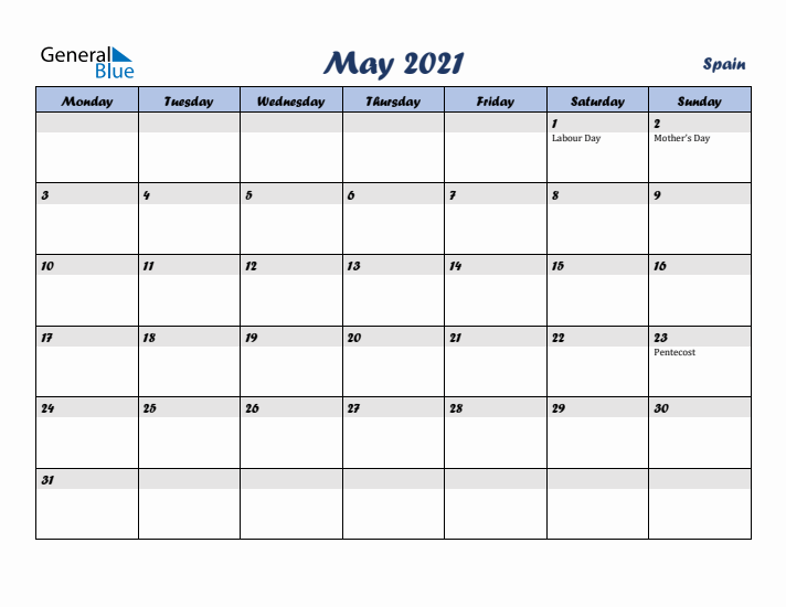 May 2021 Calendar with Holidays in Spain