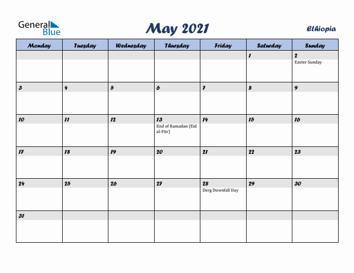 May 2021 Calendar with Holidays in Ethiopia