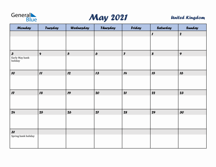 May 2021 Calendar with Holidays in United Kingdom