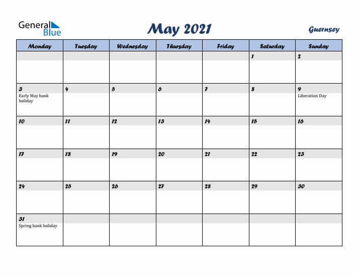 May 2021 Calendar with Holidays in Guernsey