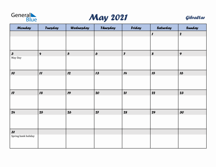 May 2021 Calendar with Holidays in Gibraltar