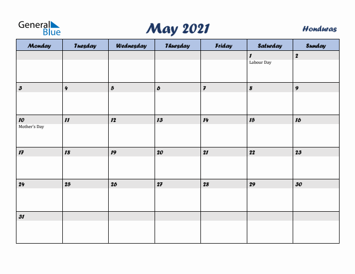May 2021 Calendar with Holidays in Honduras