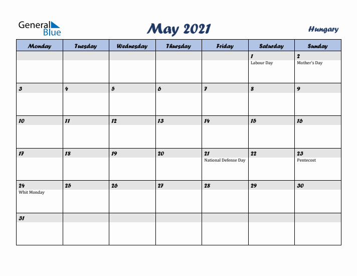 May 2021 Calendar with Holidays in Hungary