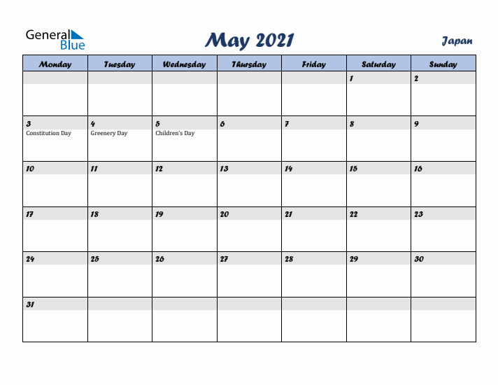 May 2021 Calendar with Holidays in Japan