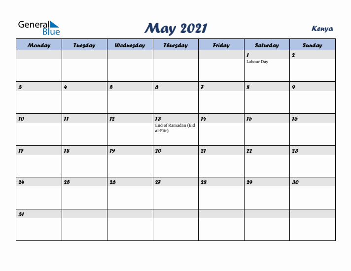 May 2021 Calendar with Holidays in Kenya